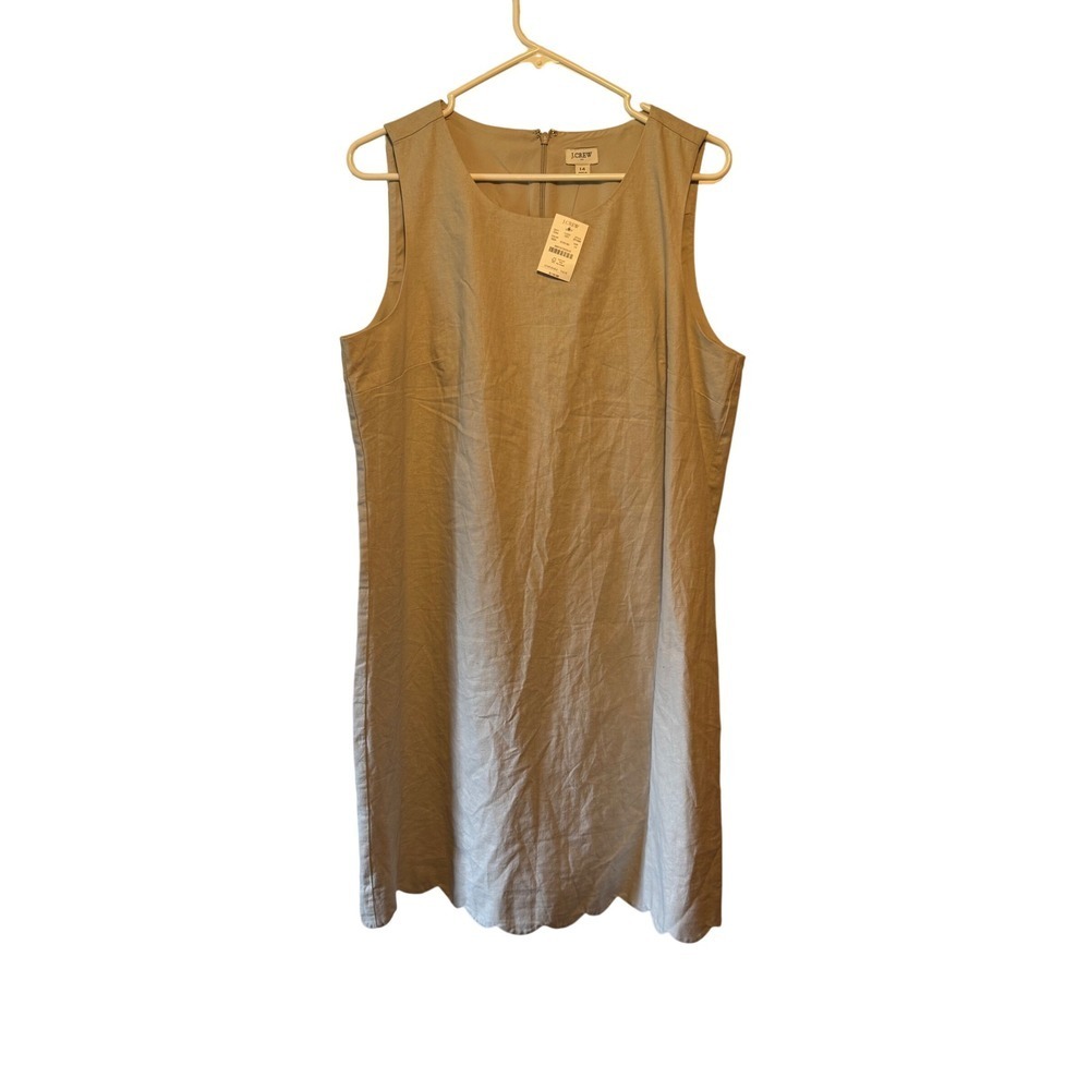 J.Crew Linen Cotton Blend Scalloped Hem Dress Tan Sleeveless Shift Size 14 NWT
